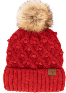 CC Crafted Pom Detail Red  Beanie