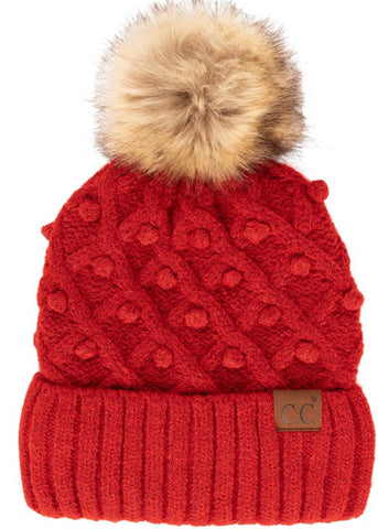 CC Crafted Pom Detail Red  Beanie