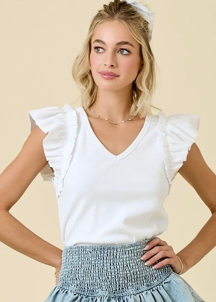 I See White Ribbed Ruffle Sleeve Top