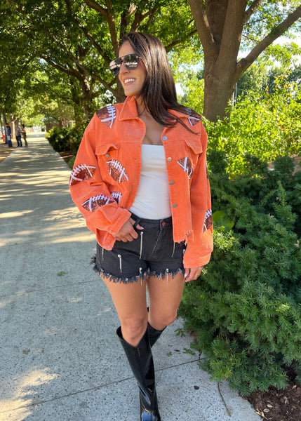 Cheering You On Vintage Orange Sequin Football Corduroy Jacket
