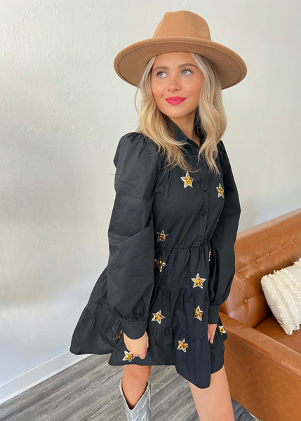 Reach For the Stars Long Sleeve Black Mini Dress