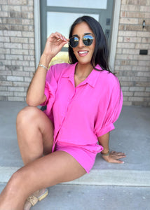 Treasured Times Pink Gauze Oversized Button Up Cropped Shirt
