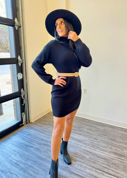 Now And Later Black Mock Neck Black Sweater Dress