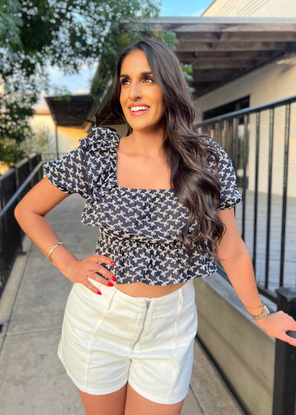 Doing My Best Navy Ruffle & Bows Back Tie Top