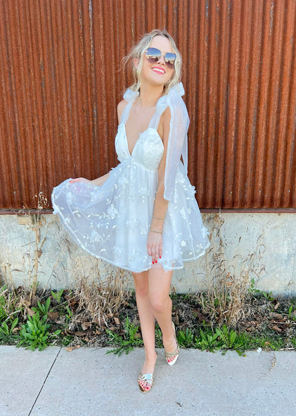 Cinderella Kisses White 3D Flower Mini Dress