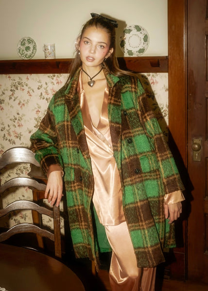 So Classic Fuzzy Mohair-Like Plaid Coat-Green