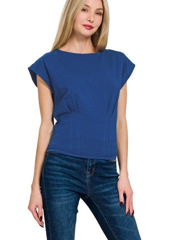 Talk To Me Lt. Navy Gathered Waist Top