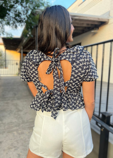 Doing My Best Navy Ruffle & Bows Back Tie Top