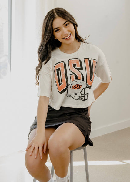 OSU Cowboys Helmet Fade Off White Cropped Tee