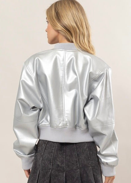 Fierce Feeling Silver Faux Leather Bomber Jacket