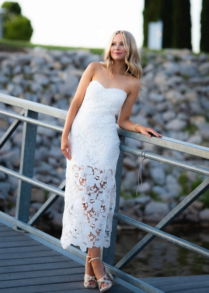 Love Everlasting White Strapless Lace Midi Dress
