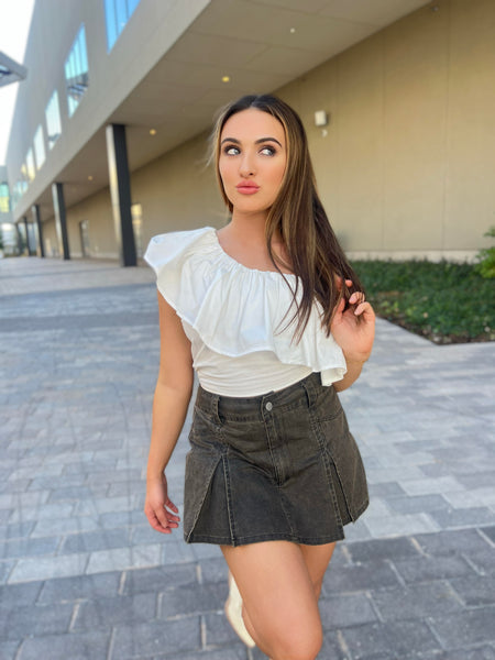 In The Air White One Shoulder Ruffle Top