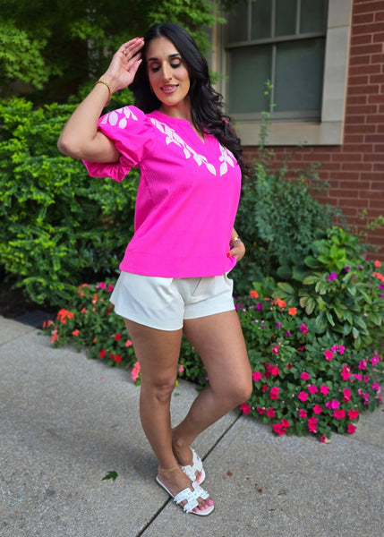 It Girl Hot Pink and White Embroidered Puff Sleeve Top