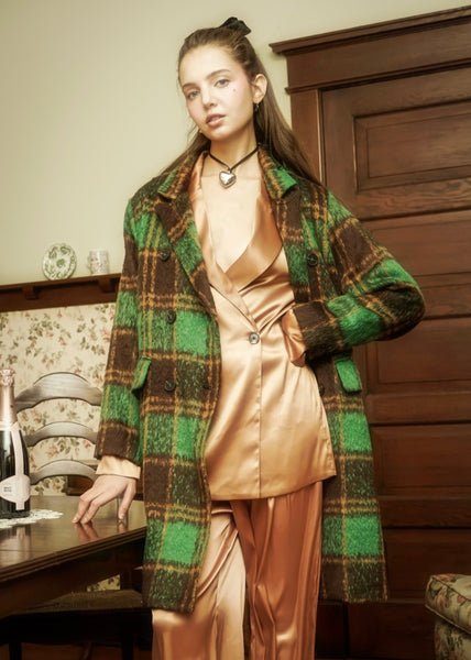 So Classic Fuzzy Mohair-Like Plaid Coat-Green