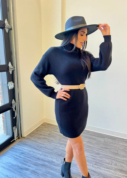 Now And Later Black Mock Neck Black Sweater Dress