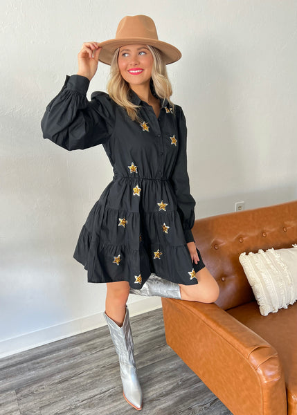 Reach For the Stars Long Sleeve Black Mini Dress