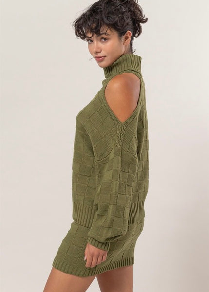 Better With You Checkered Open Shoulder Olive Sweater 2 Pc Skirt Set - LARGE