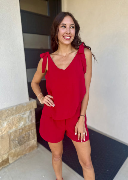 Wonderful Day V Neck Crimson Top With Self Tie Straps