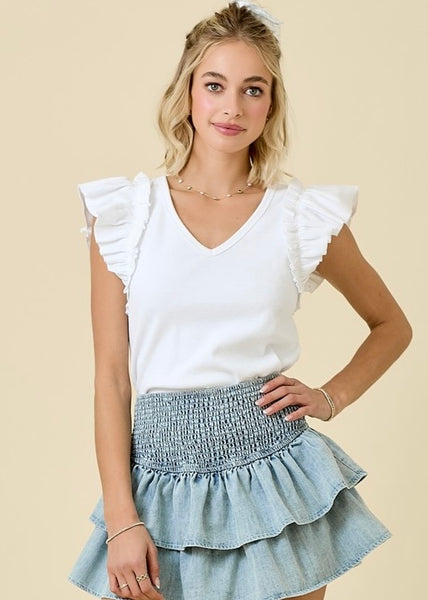 I See White Ribbed Ruffle Sleeve Top