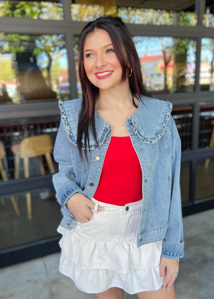 Little Bit Extra Denim Ruffle Collared Jacket