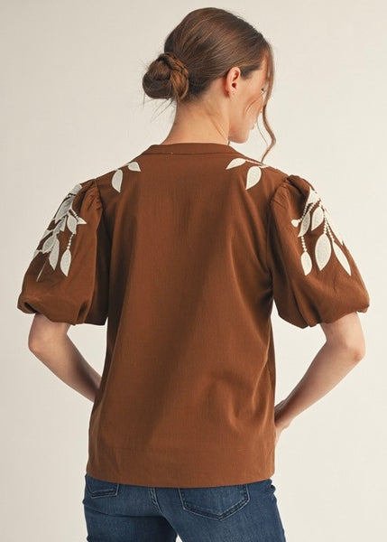 It Girl Brown and White Embroidered Puff Sleeve Top