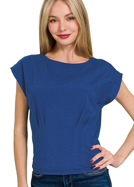 Talk To Me Lt. Navy Gathered Waist Top