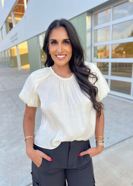 On My Mind Ecru Metallic Bubble Sleeve Top - SMALL