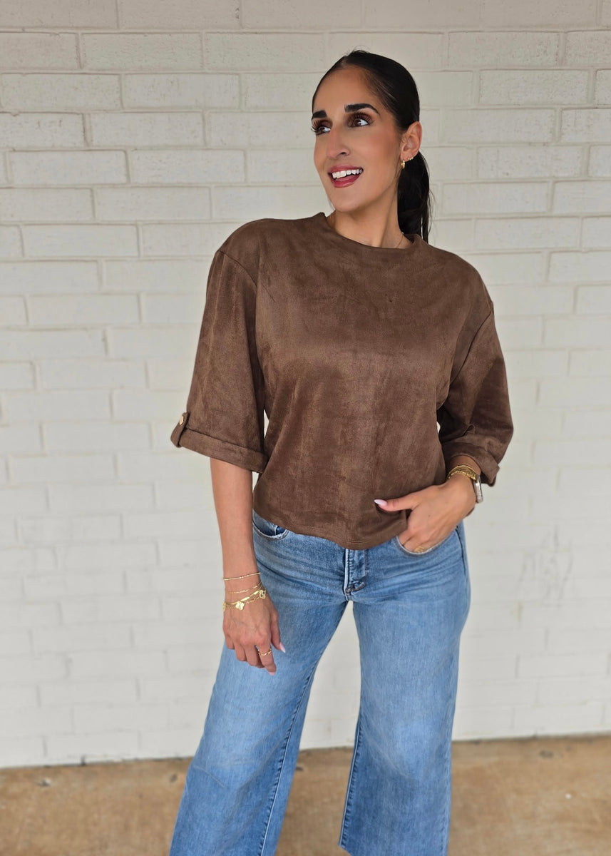 Then & Now Brown Suede Short Sleeve Top – Pink Attitude Boutique