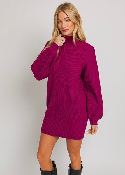 Cozy Season Mock Neck Magenta Sweater Dress