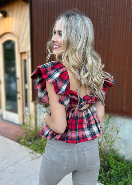Living Out Loud Plaid Babydoll Ruffle Sleeve Top