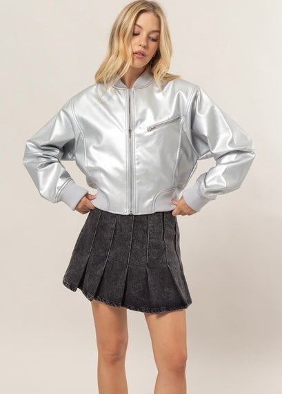 Fierce Feeling Silver Faux Leather Bomber Jacket
