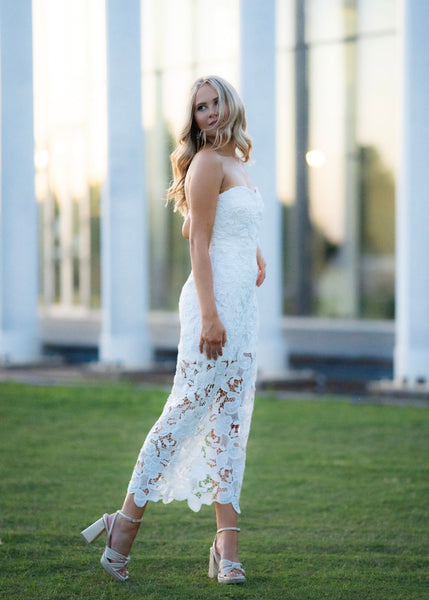 Love Everlasting White Strapless Lace Midi Dress