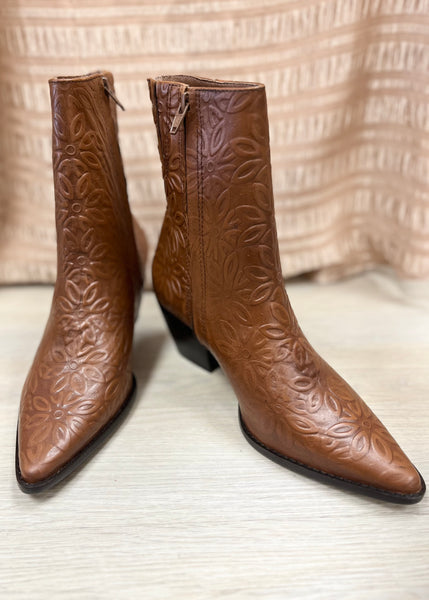 Matisse Caty Cognac Floral Embossed Leather Bootie