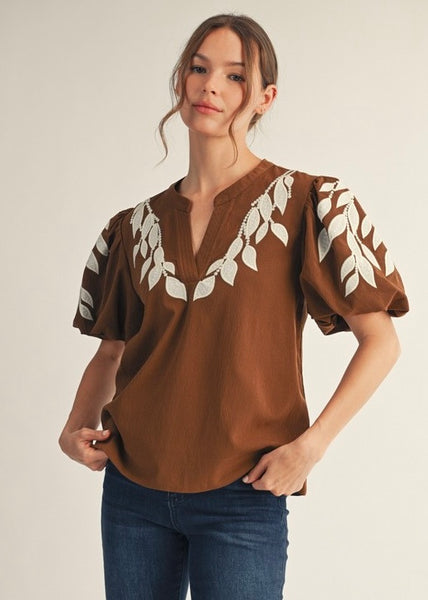 It Girl Brown and White Embroidered Puff Sleeve Top