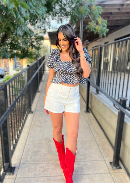 Doing My Best Navy Ruffle & Bows Back Tie Top