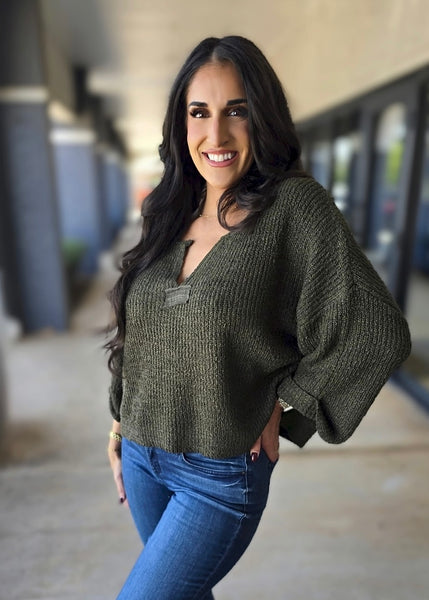 True Fall Olive Cuff Sleeve Sweater