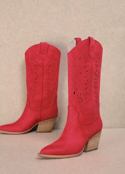 Olivia Red Cowgirl Boots With Cutout Detail