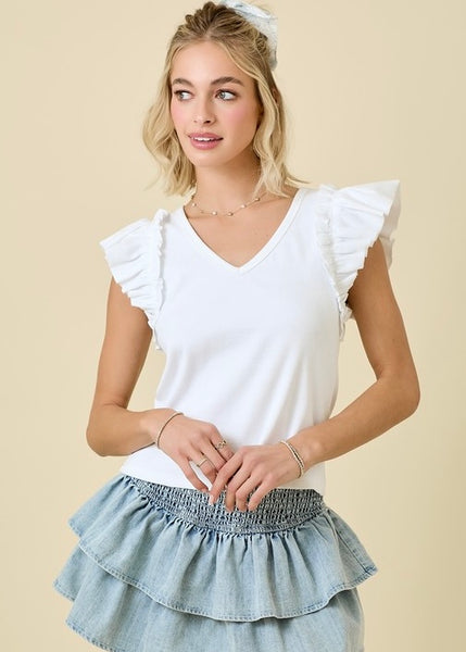 I See White Ribbed Ruffle Sleeve Top