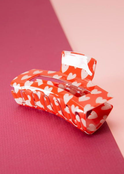 Rectangle Heart Hair Claw Clips-Red & White