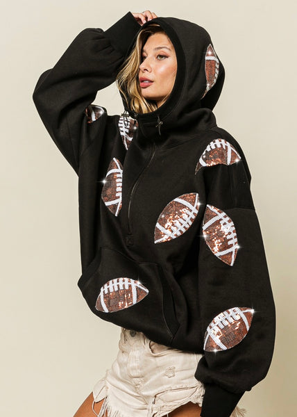 Football Forever Black Half Zip Sequin Hoodie