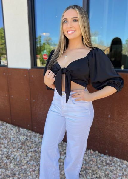 Summer Spirits Tie Front Balloon Sleeve Crop Blouse- Black