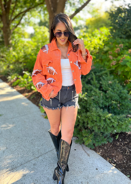 Cheering You On Vintage Orange Sequin Football Corduroy Jacket