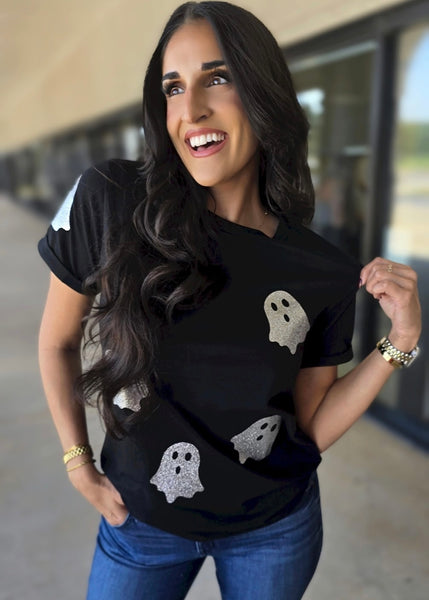 Glitter Ghost Halloween Black Graphic Shirt