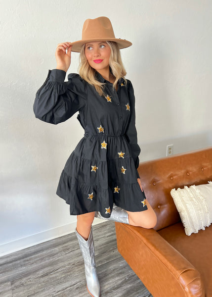 Reach For the Stars Long Sleeve Black Mini Dress