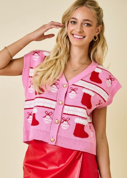 Pink Motive Christmas Patterned Sweater Vest