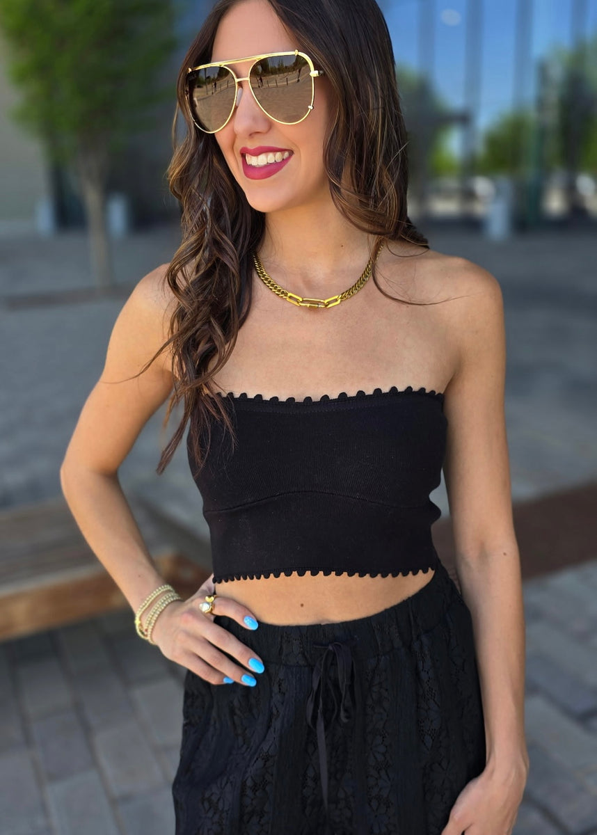 Still With It Scalloped Cropped Tube Top - Black - LAST ONE/SMALL