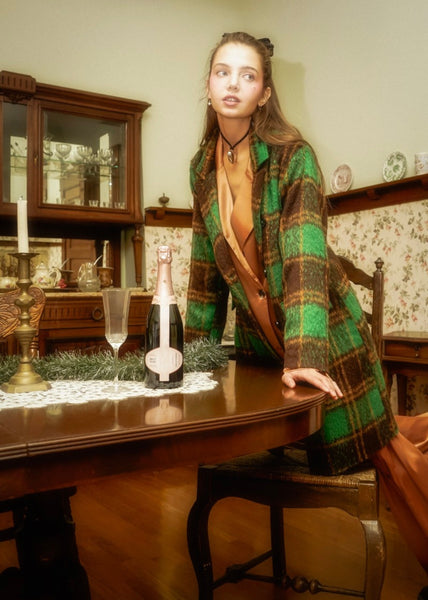 So Classic Fuzzy Mohair-Like Plaid Coat-Green