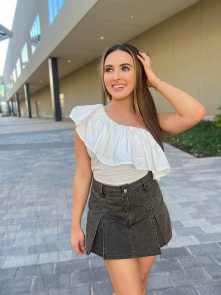 In The Air White One Shoulder Ruffle Top