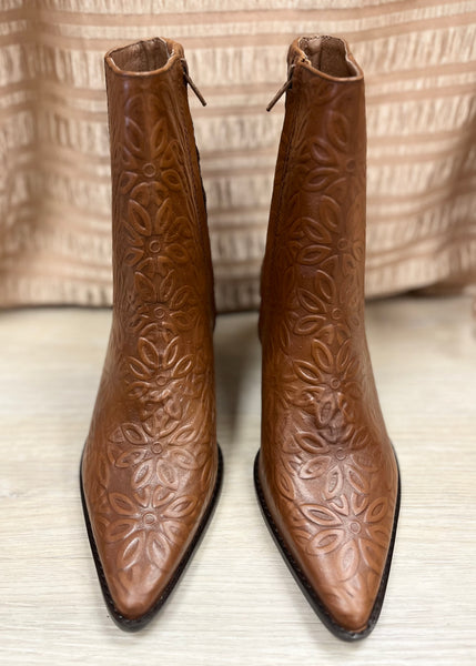 Matisse Caty Cognac Floral Embossed Leather Bootie