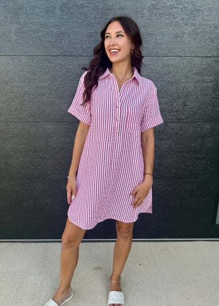 Casual Classic Red/White Striped Seersucker Shirt Dress
